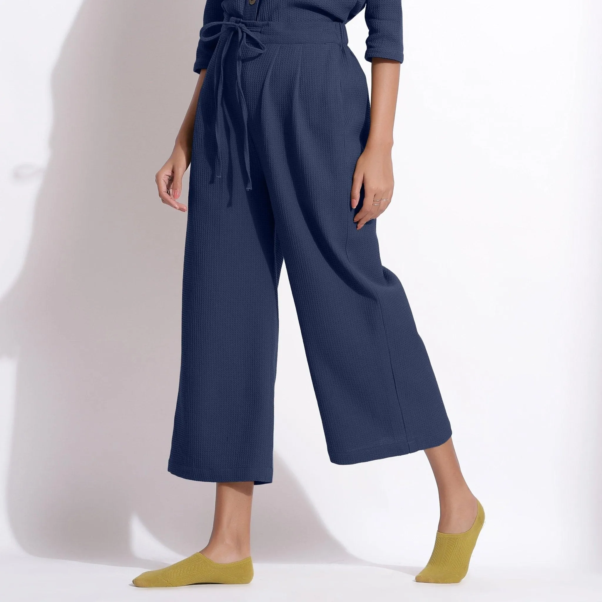 Navy Blue Warm Cotton Waffle Top and Culottes Pant Co-ord Set