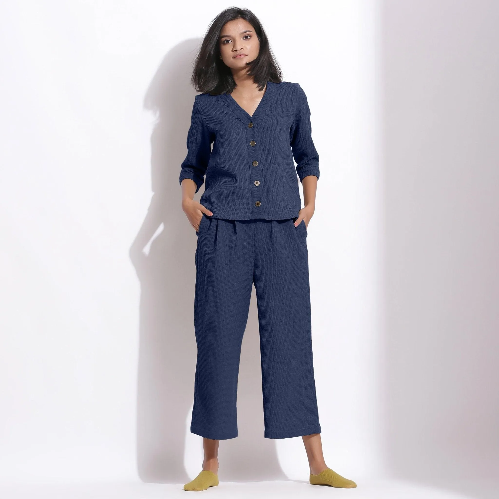 Navy Blue Warm Cotton Waffle Top and Culottes Pant Co-ord Set