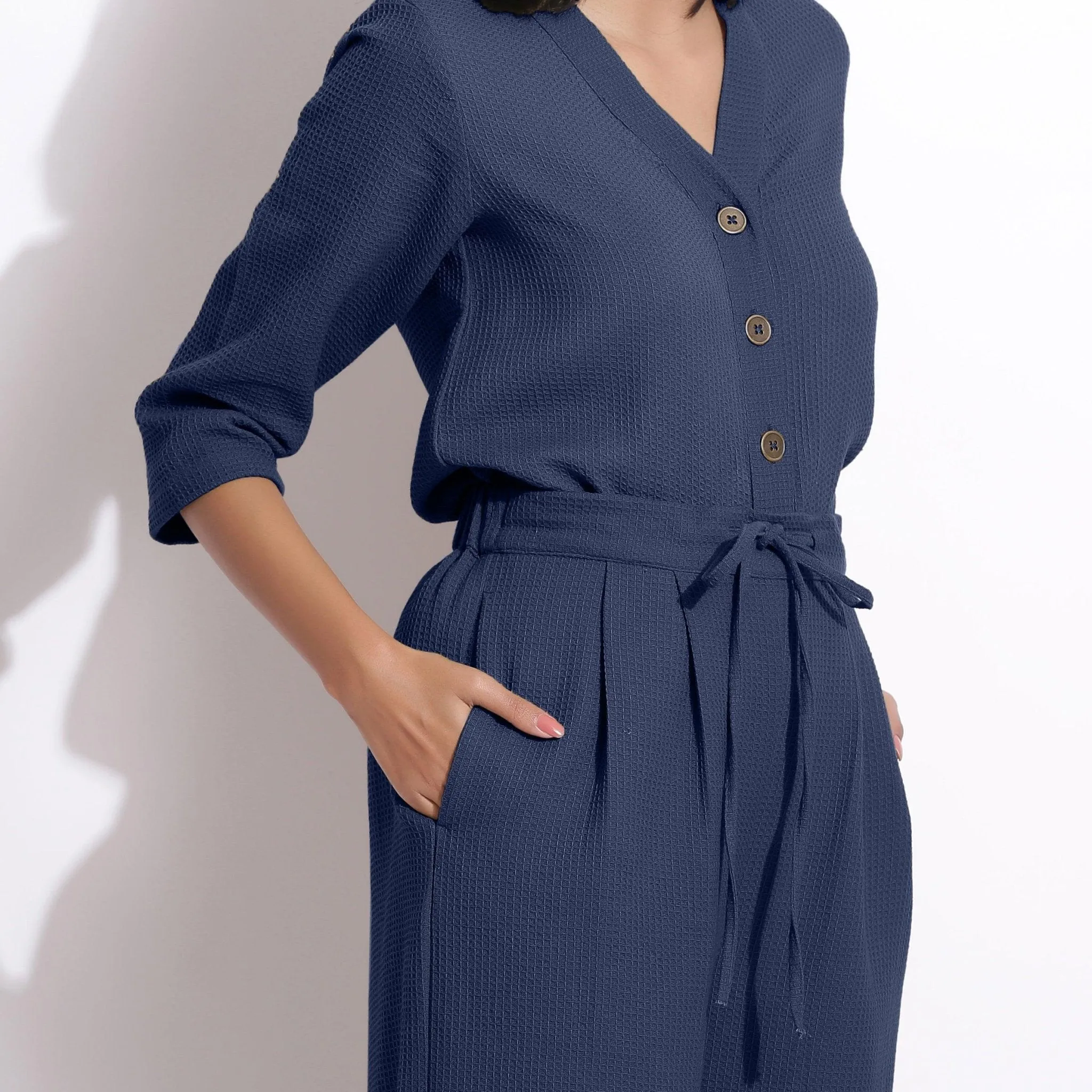 Navy Blue Warm Cotton Waffle Top and Culottes Pant Co-ord Set