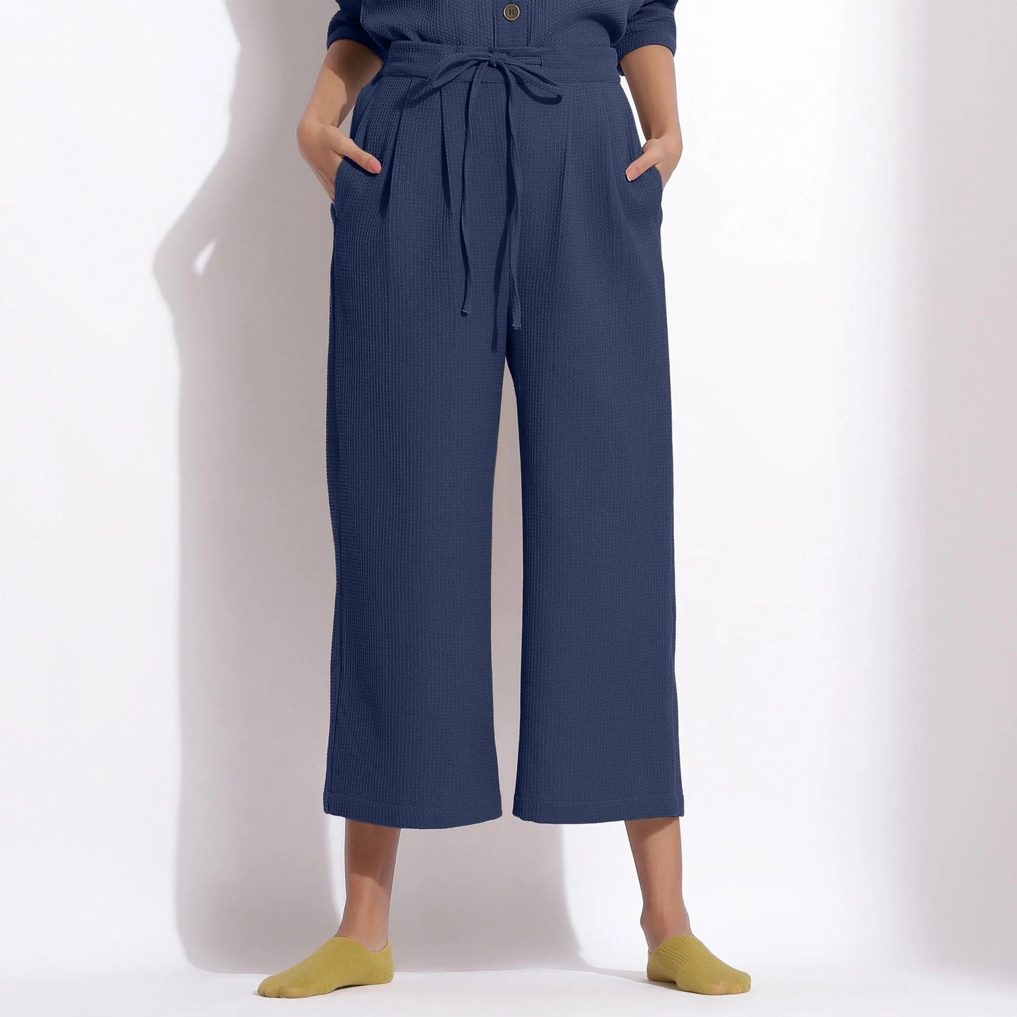 Navy Blue Warm Cotton Waffle Top and Culottes Pant Co-ord Set