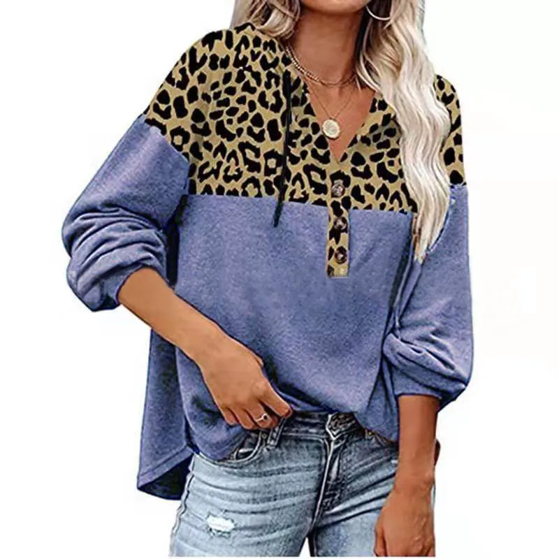 New Casual V-Neck Leopard Pattern Stitching Hoodie