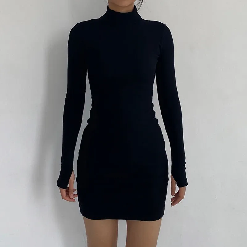 Nukty Autumn Fashion Sexy Solid Turtleneck Skinny Mini Dress Women Rib Knit Keep Warm Long Sleeve Slim Dress Streetwear