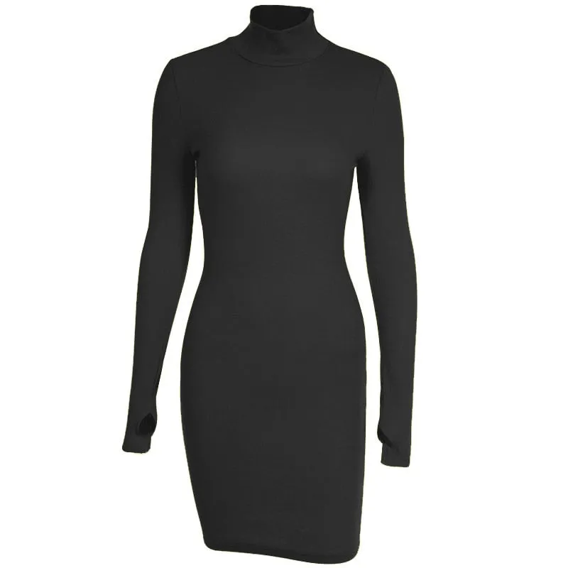 Nukty Autumn Fashion Sexy Solid Turtleneck Skinny Mini Dress Women Rib Knit Keep Warm Long Sleeve Slim Dress Streetwear