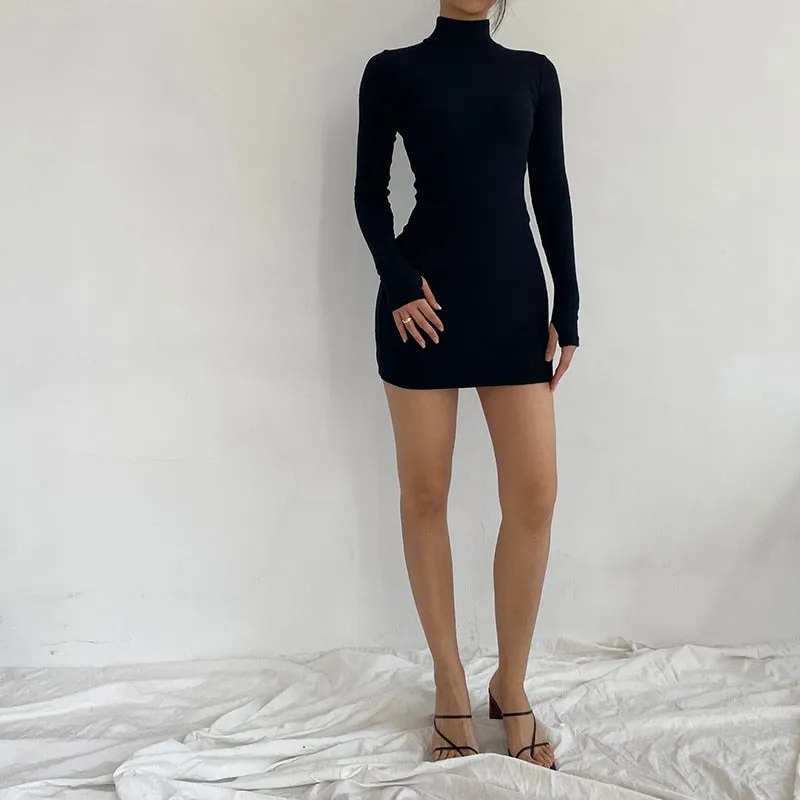 Nukty Autumn Fashion Sexy Solid Turtleneck Skinny Mini Dress Women Rib Knit Keep Warm Long Sleeve Slim Dress Streetwear