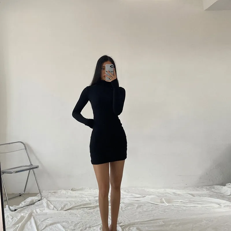 Nukty Autumn Fashion Sexy Solid Turtleneck Skinny Mini Dress Women Rib Knit Keep Warm Long Sleeve Slim Dress Streetwear