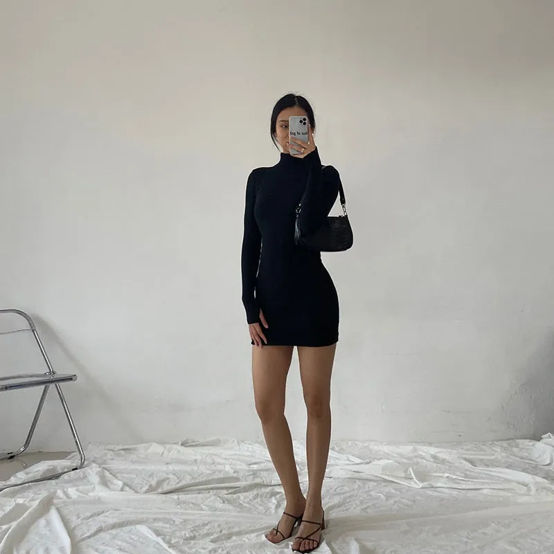 Nukty Autumn Fashion Sexy Solid Turtleneck Skinny Mini Dress Women Rib Knit Keep Warm Long Sleeve Slim Dress Streetwear