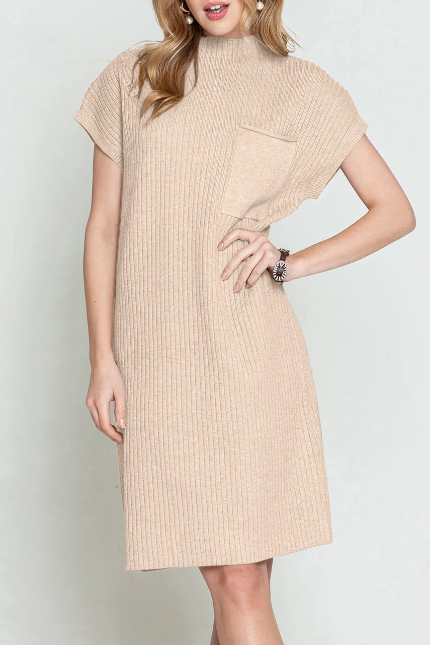 Oatmeal Patch Pocket Ribbed Knit Short Sleeve Sweater Dress