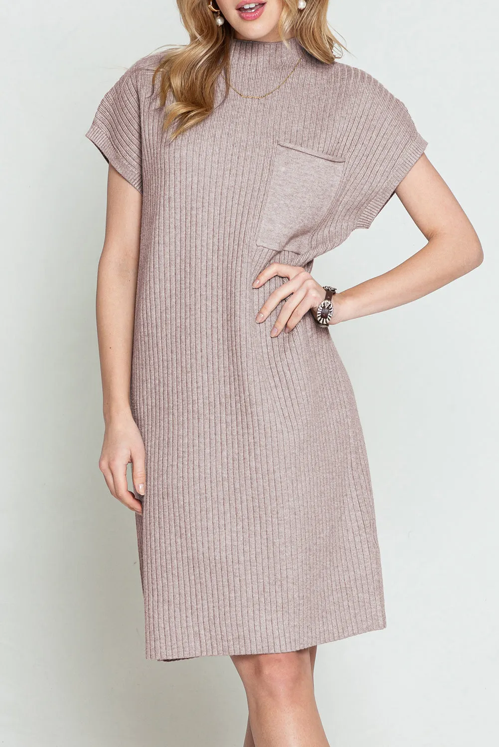 Oatmeal Patch Pocket Ribbed Knit Short Sleeve Sweater Dress