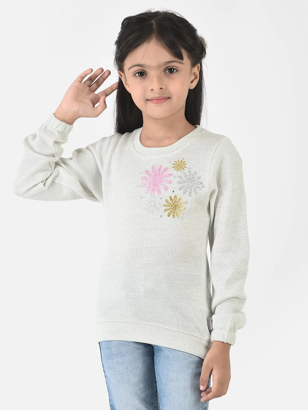 Off-White Sweater with Shimmery Flowers