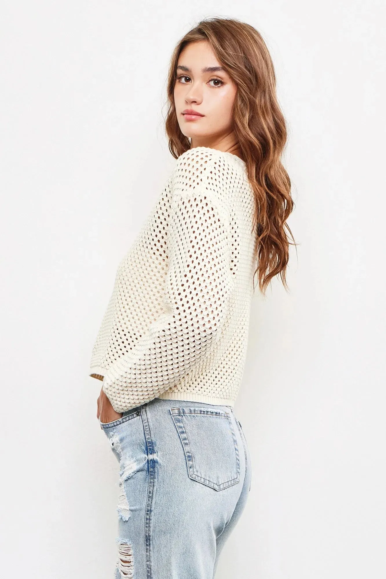 Open Hole Round Neck-Line Long Sleeve Knit Top