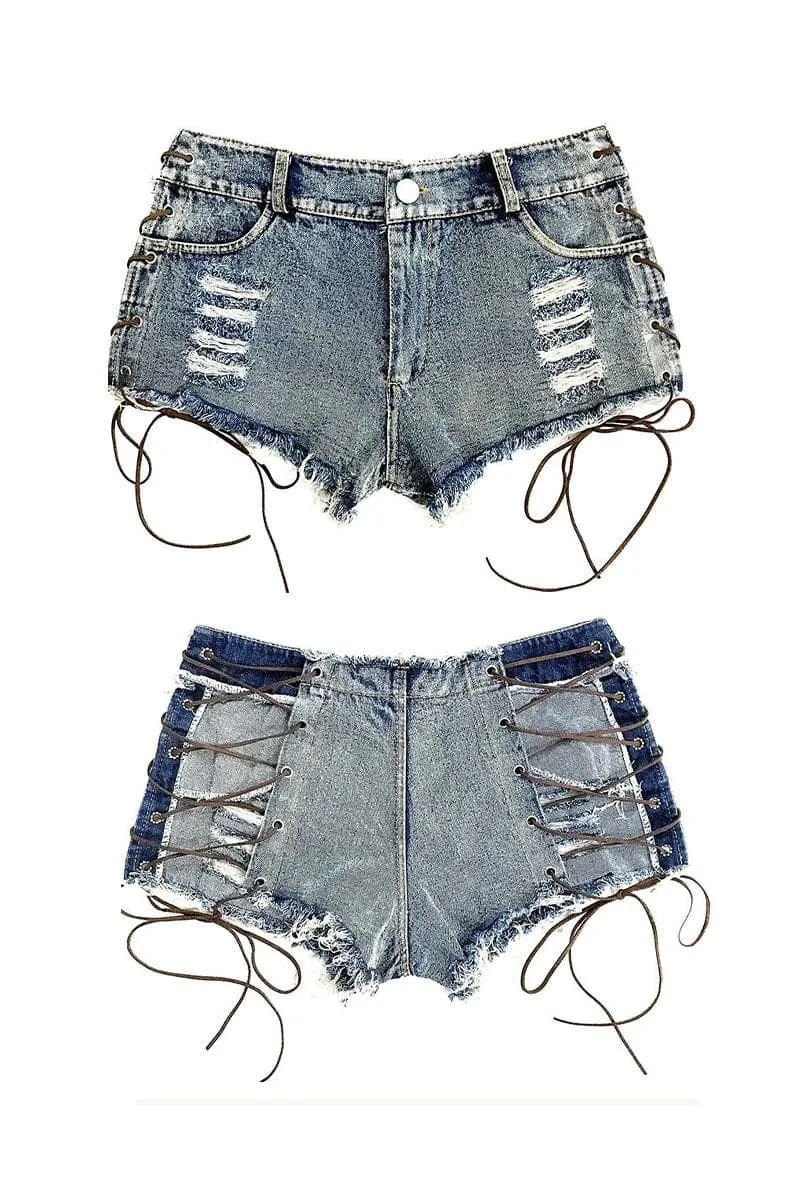 PB273 Side Lace Down Denim Shorts