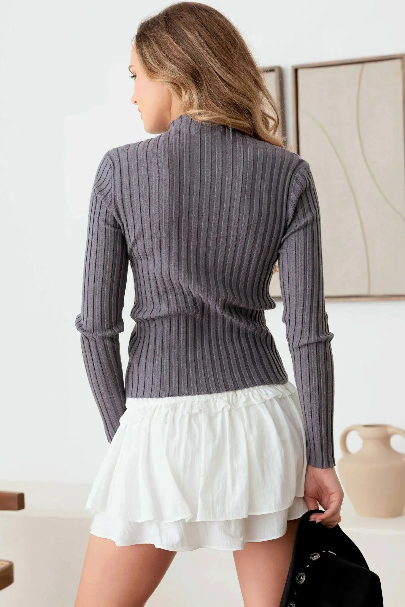 Ribbed Pattern Long Sleeve Mock Neck Sweater