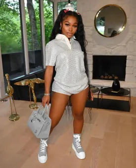 Shimmery Solid Turn Down Collar Shirt and Mini Shorts