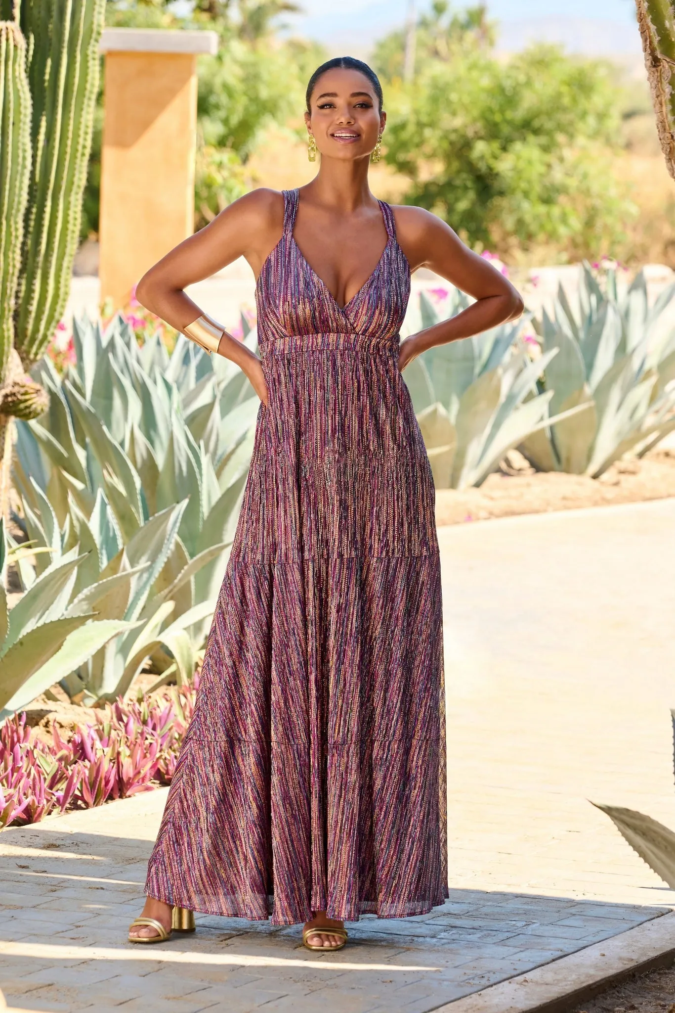 Sleeveless Multicolor Metallic Maxi Dress Pink Multi