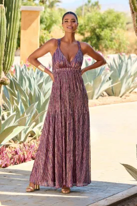Sleeveless Multicolor Metallic Maxi Dress Pink Multi