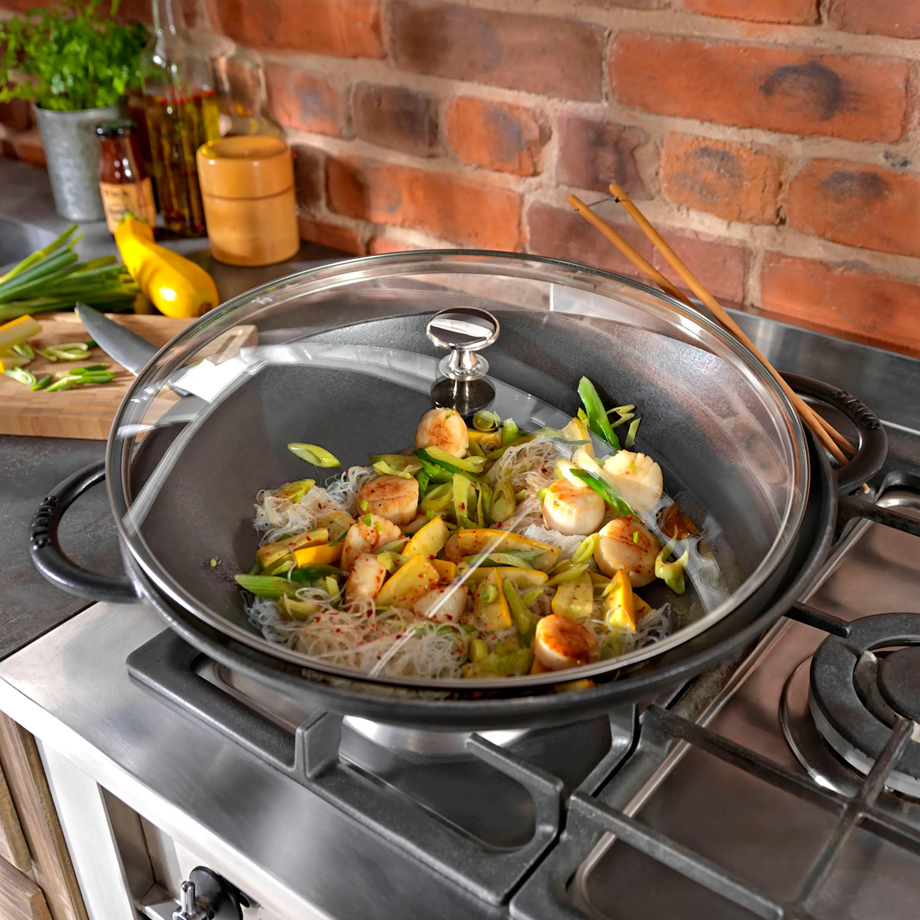 Staub 14" Matte Black Wok with Glass Lid