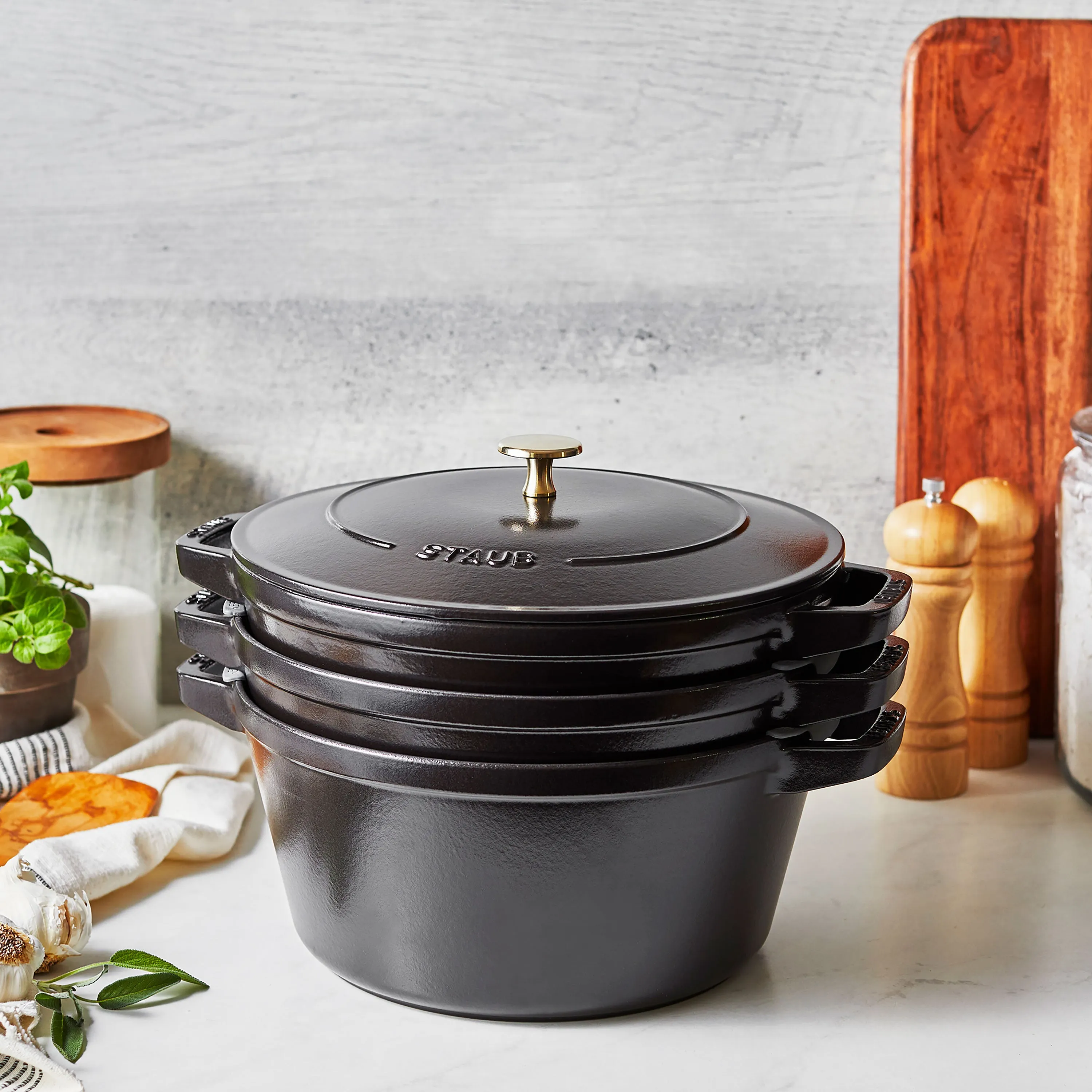 Staub 4 Piece Matte Black Stackable Cast Iron Cookware Set