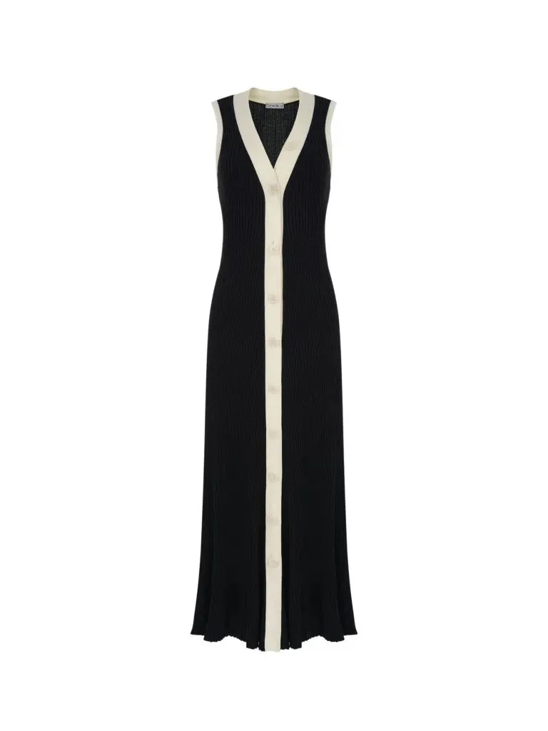 Tossy Knit Cardigan Maxi Dress Women's Summer V-Neck Contrast Sleeveless Ribbed Fashion Elegant Dress Female Knitwear Long Dress