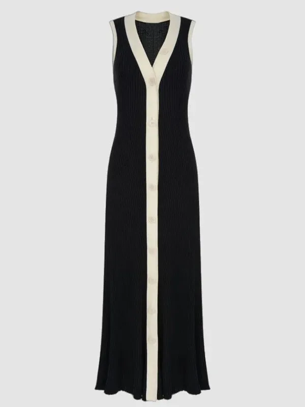 Tossy Knit Cardigan Maxi Dress Women's Summer V-Neck Contrast Sleeveless Ribbed Fashion Elegant Dress Female Knitwear Long Dress
