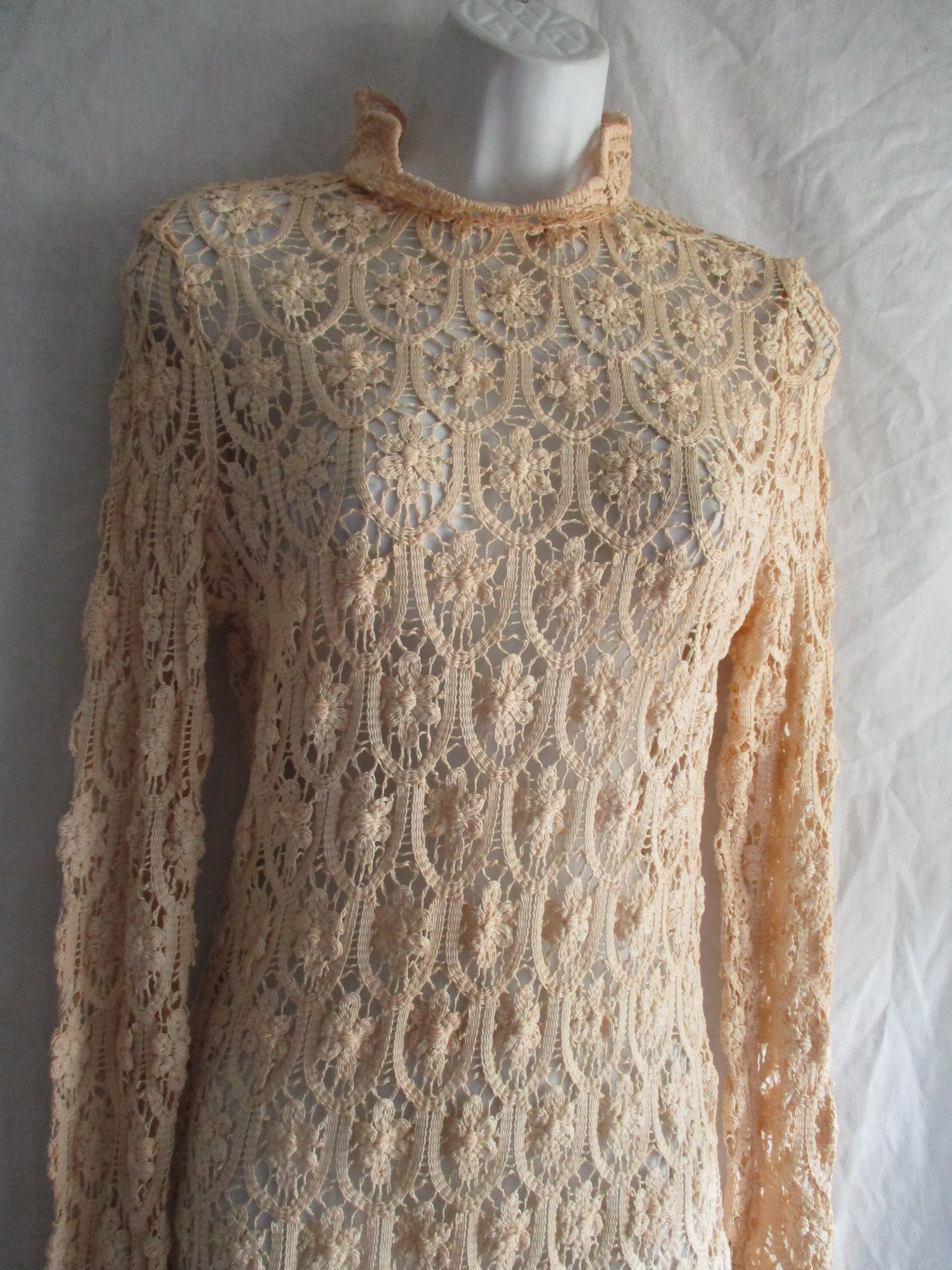 Vintage ELLEN TRACY Crochet Knit Lace Mini Dress Shift 9/10 CREME BEIGE ECRU