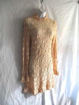 Vintage ELLEN TRACY Crochet Knit Lace Mini Dress Shift 9/10 CREME BEIGE ECRU