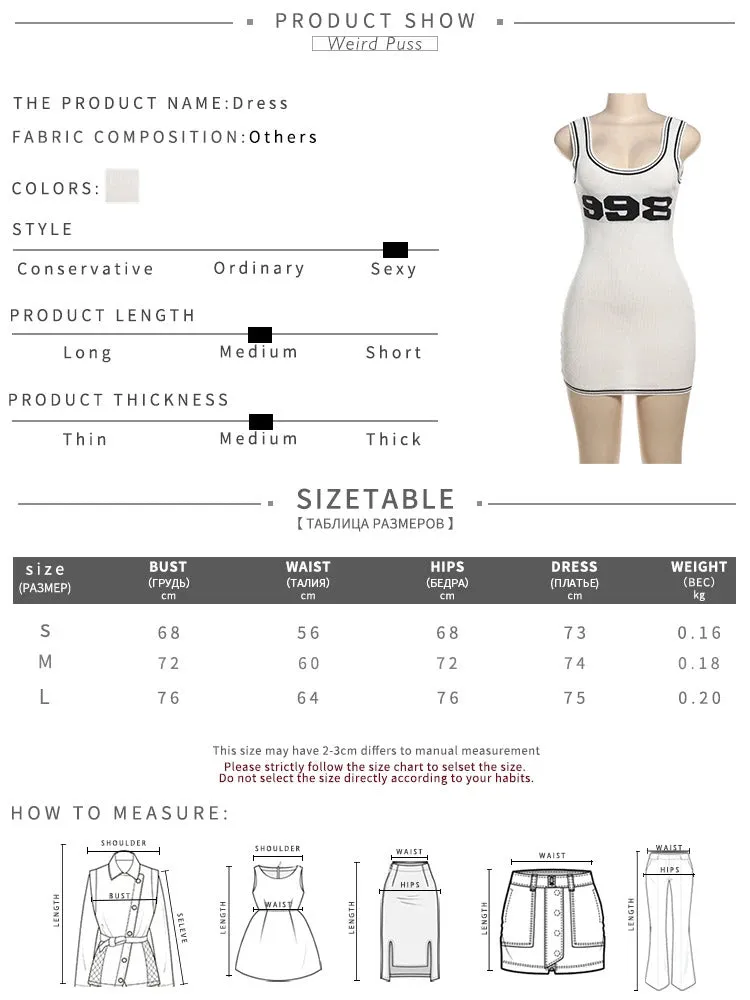 Weird Puss Digit Print Women Dress Summer Knit Thin Sleeveless Low-Neck Stretch Skinny Bodycon Simple Hipster Casual Streetwear