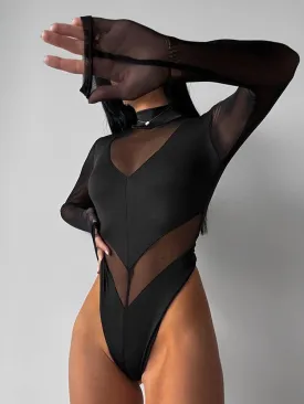Wenkouban-back to school nye outfits Mesh Patchwork Bodysuits For Women Fashion Sexy Clubwear Solid Long Sleeves Turtleneck Sheer Jumpsuits Female Skinny Streetwear