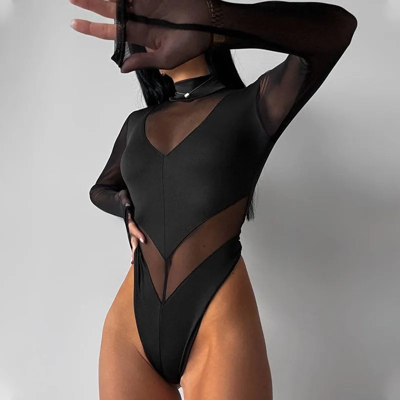 Wenkouban-back to school nye outfits Mesh Patchwork Bodysuits For Women Fashion Sexy Clubwear Solid Long Sleeves Turtleneck Sheer Jumpsuits Female Skinny Streetwear