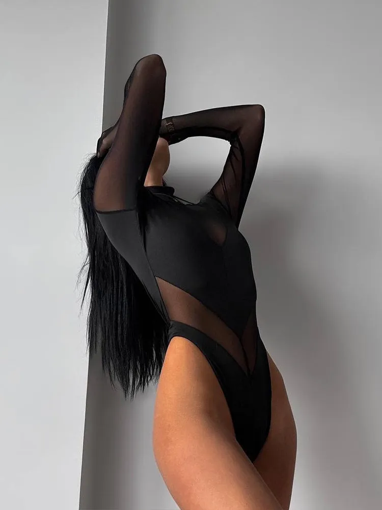 Wenkouban-back to school nye outfits Mesh Patchwork Bodysuits For Women Fashion Sexy Clubwear Solid Long Sleeves Turtleneck Sheer Jumpsuits Female Skinny Streetwear
