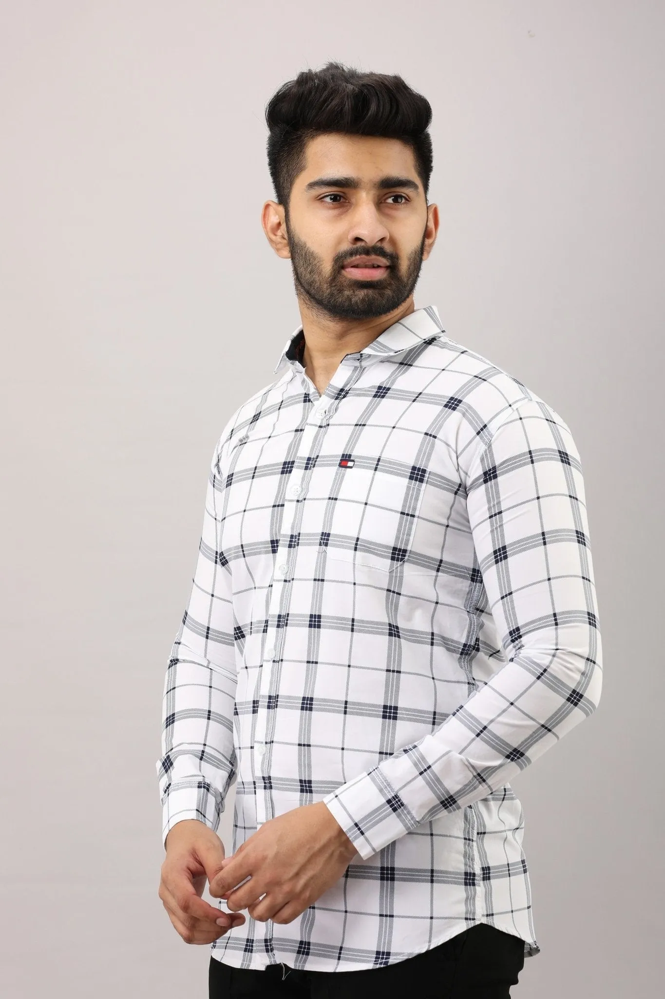 White Checkered Pure Cotton Formal Shirt