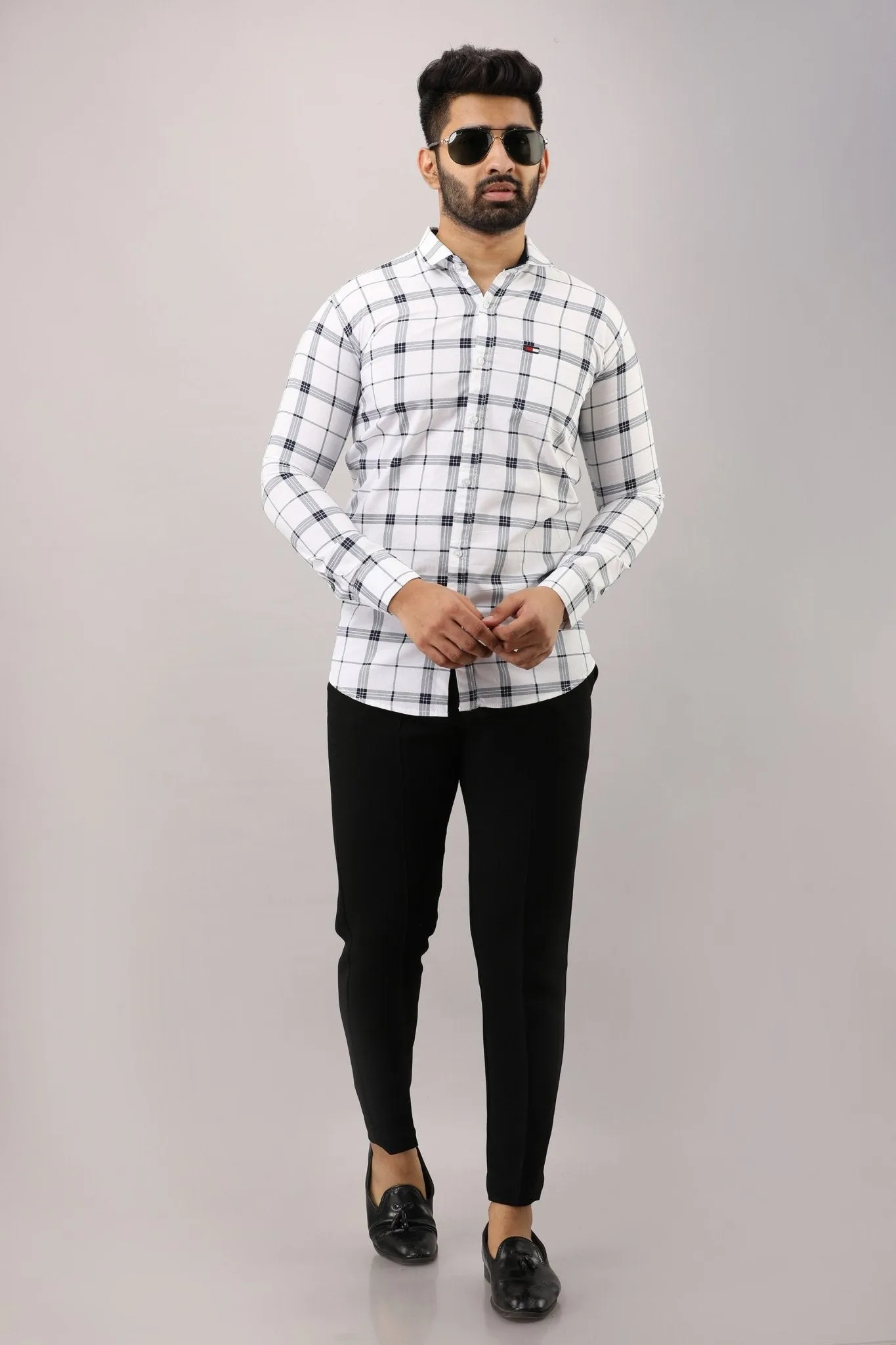 White Checkered Pure Cotton Formal Shirt