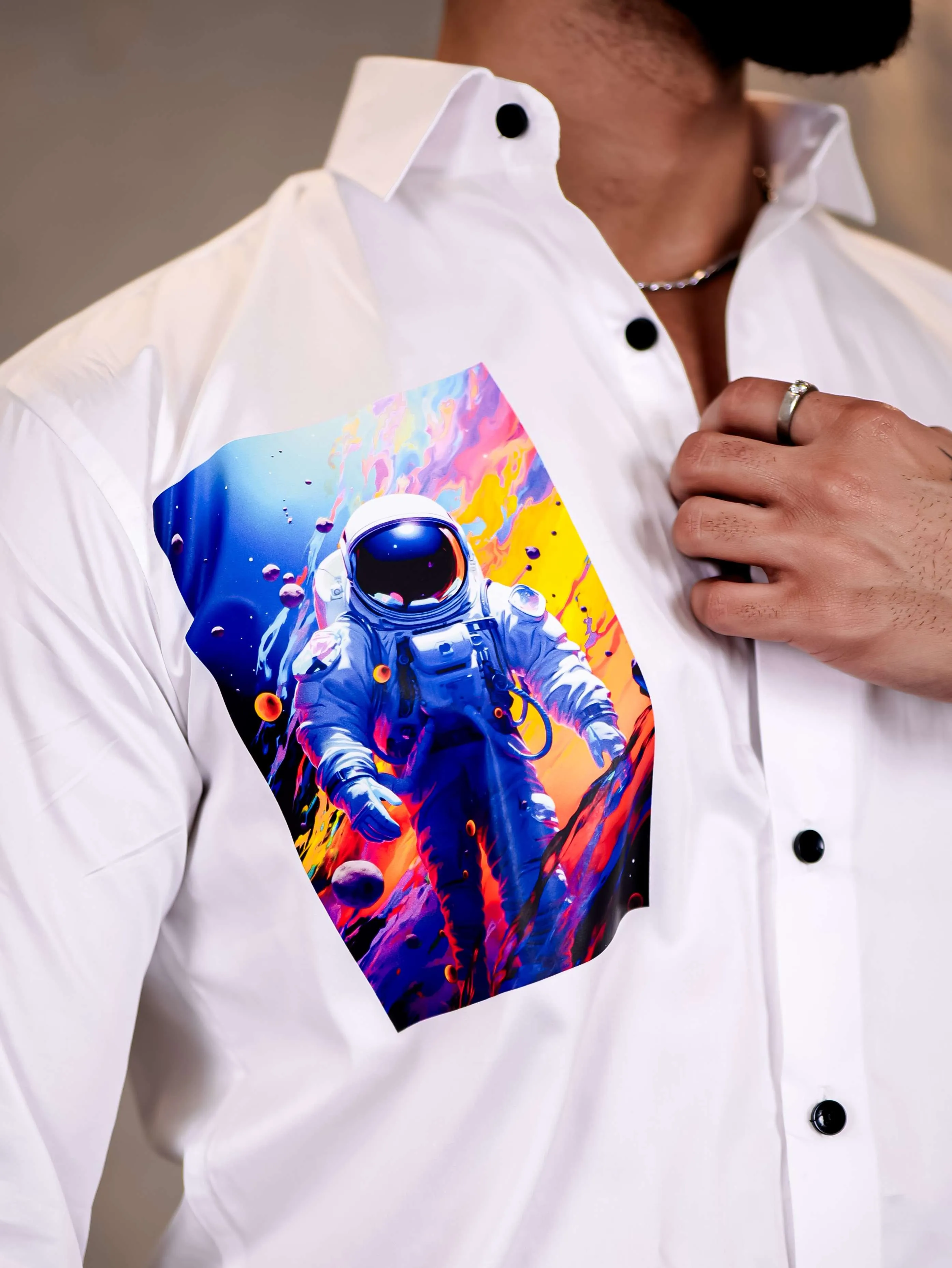 White Club Wear Multiverse Printed Satin Cotton Shirt