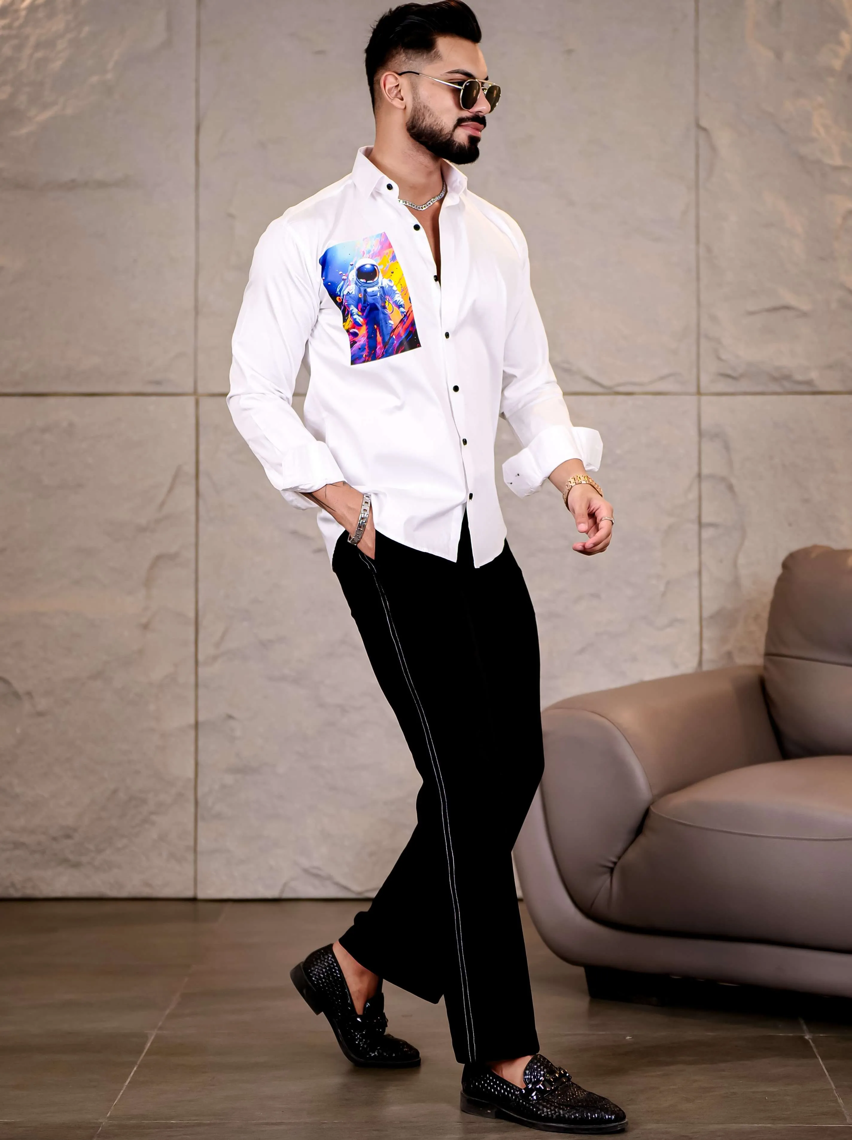 White Club Wear Multiverse Printed Satin Cotton Shirt