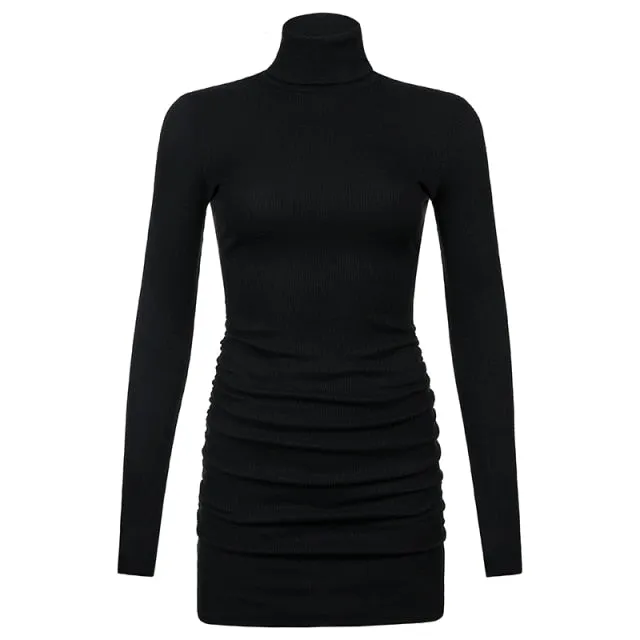 Winter Ribbed Knit Turtleneck Bodycon Dress