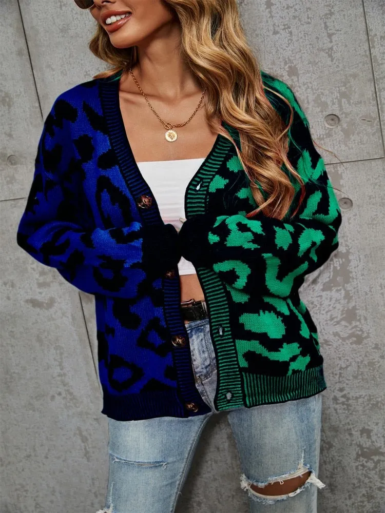 Wjczt New Leopard Pattern Stitched Sweater Button Knit Cardigan In Autumn Winter Streetwear Long Sleeve Top Coats Women Cardigan