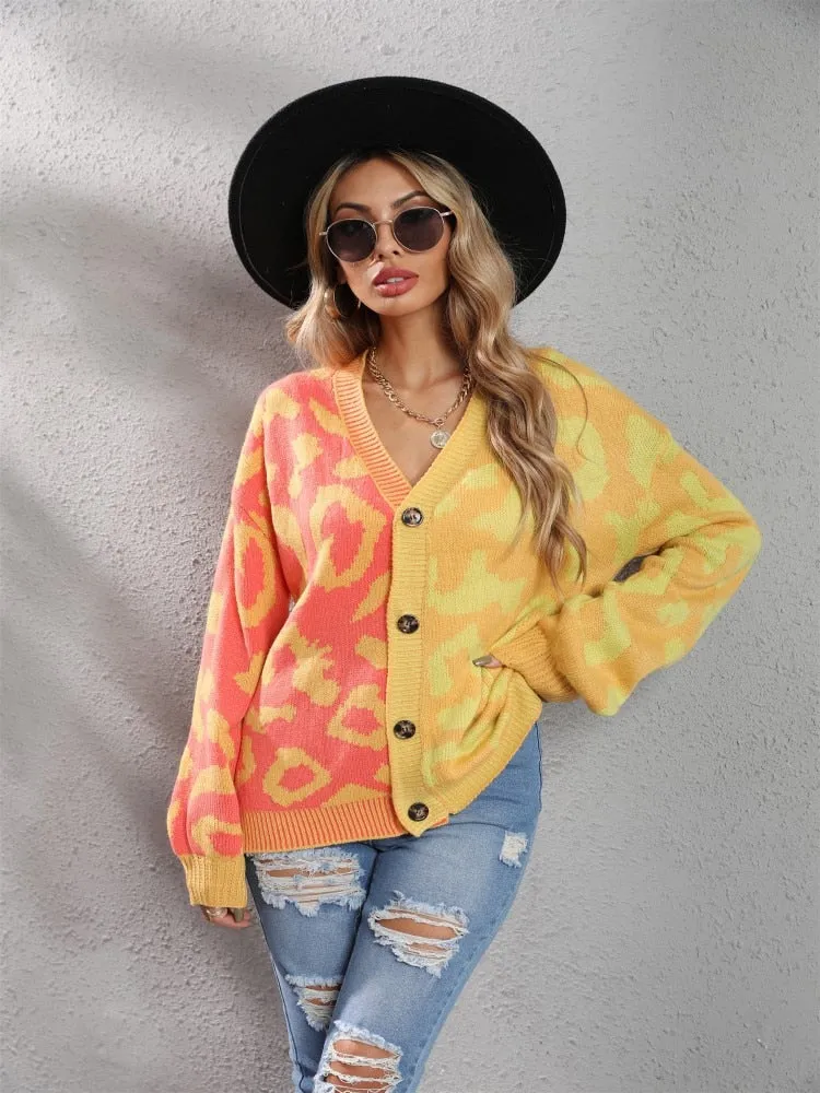 Wjczt New Leopard Pattern Stitched Sweater Button Knit Cardigan In Autumn Winter Streetwear Long Sleeve Top Coats Women Cardigan