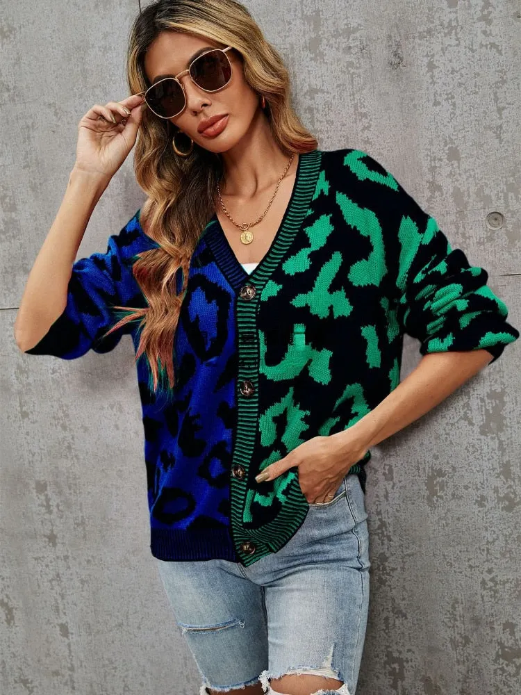 Wjczt New Leopard Pattern Stitched Sweater Button Knit Cardigan In Autumn Winter Streetwear Long Sleeve Top Coats Women Cardigan