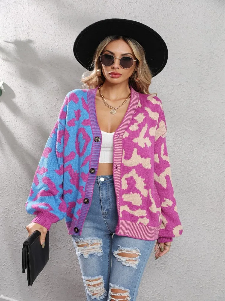 Wjczt New Leopard Pattern Stitched Sweater Button Knit Cardigan In Autumn Winter Streetwear Long Sleeve Top Coats Women Cardigan