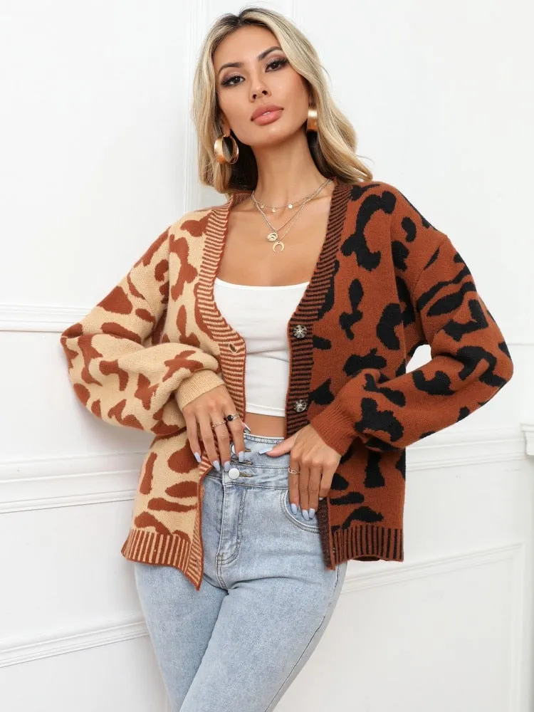 Wjczt New Leopard Pattern Stitched Sweater Button Knit Cardigan In Autumn Winter Streetwear Long Sleeve Top Coats Women Cardigan