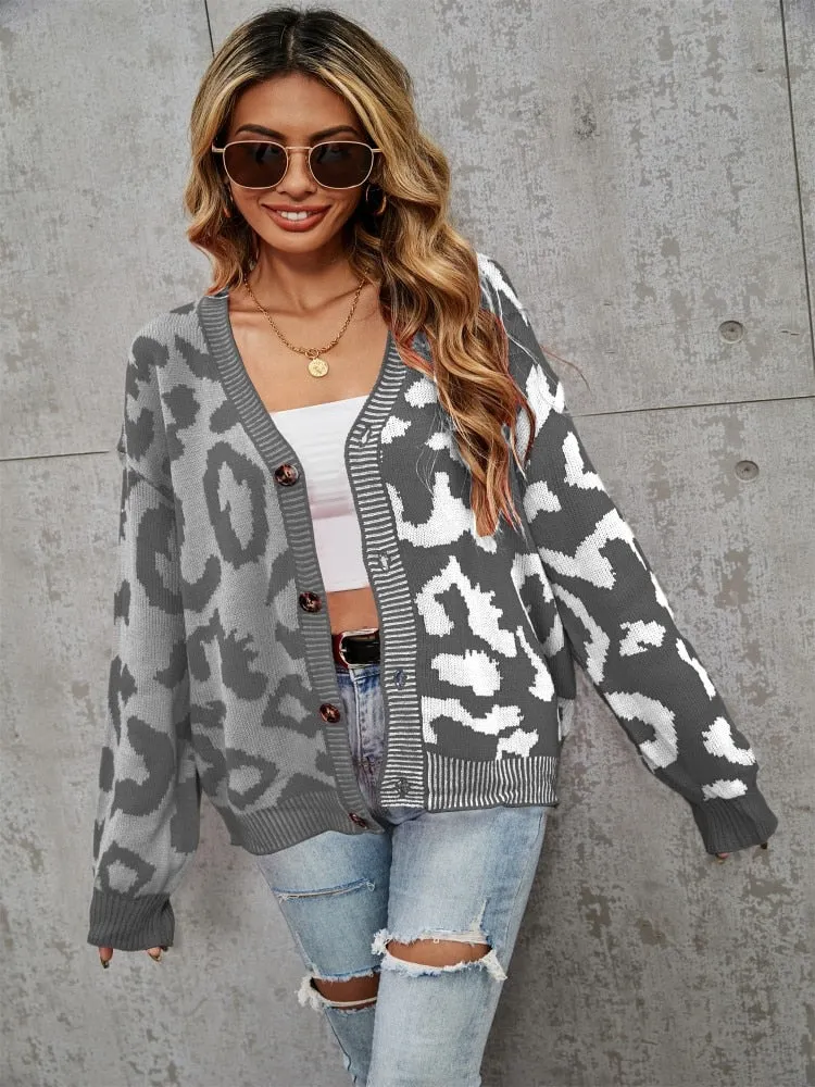 Wjczt New Leopard Pattern Stitched Sweater Button Knit Cardigan In Autumn Winter Streetwear Long Sleeve Top Coats Women Cardigan