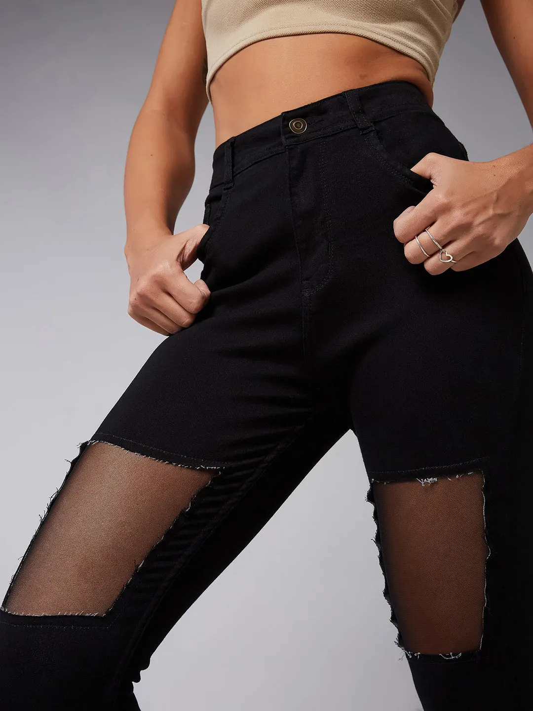 Women's Black Slim Fit High Rise Mild Distressed Ripped Detailing Denim Stretchable Jeans