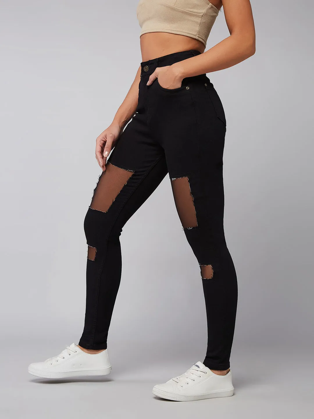 Women's Black Slim Fit High Rise Mild Distressed Ripped Detailing Denim Stretchable Jeans