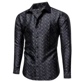 YourTies Men's Floral Shirt Long Sleeve Black Grey Jacquard Silk Shirt
